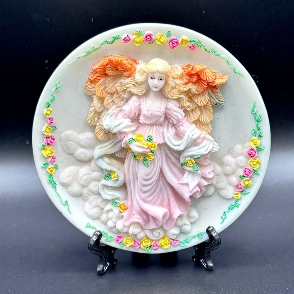 Vintage‎ Angel Shelf Sitter Ceramic Plaque Pastel Floral Roses Cottagecore Wings